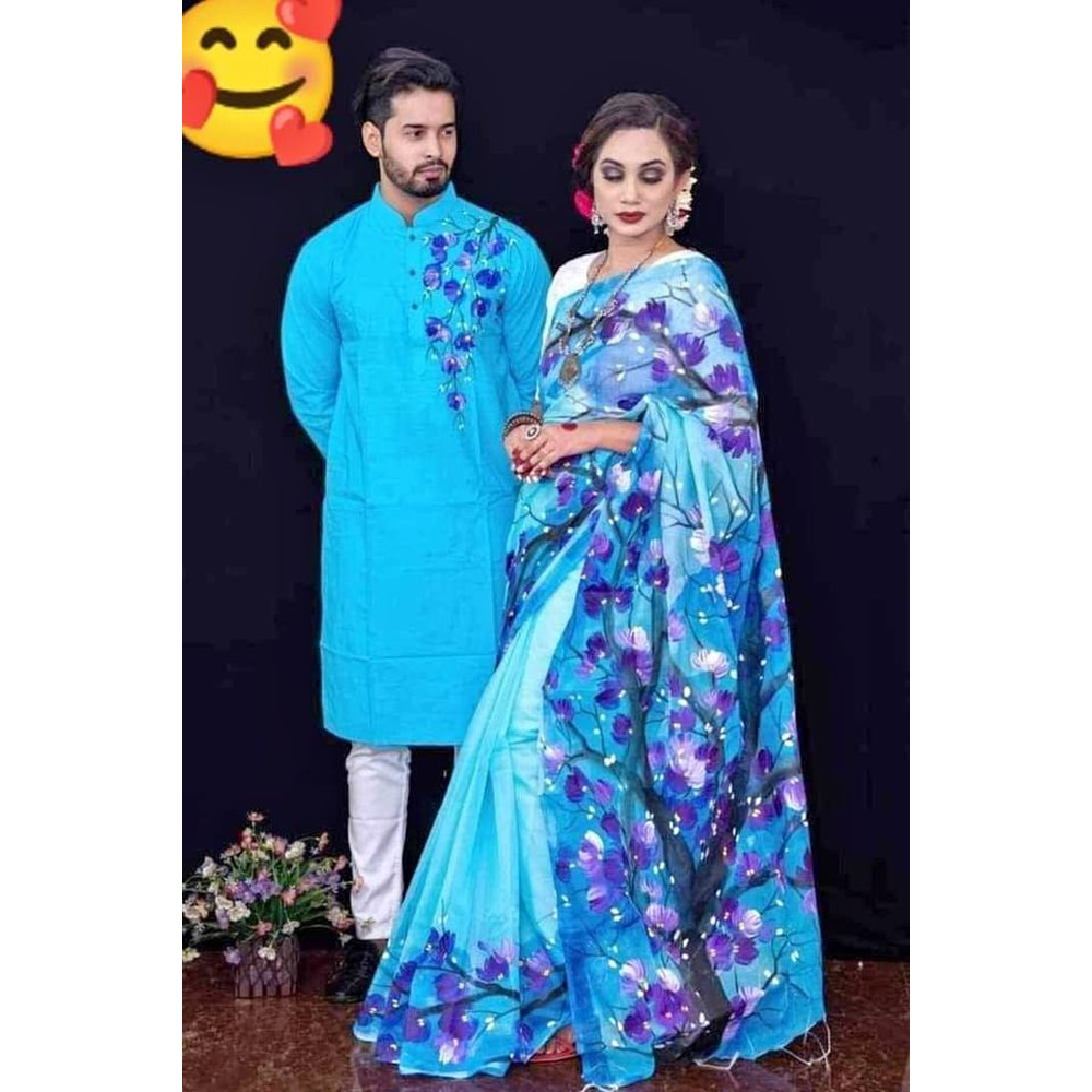 Half Silk Block Print Saree and Dhupian Cotton Panjabi Couple Set - Multicolor - 319