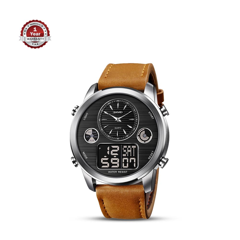 SKMEI 1653 PU Leather Dual Time Watch For Men - Black and Brown