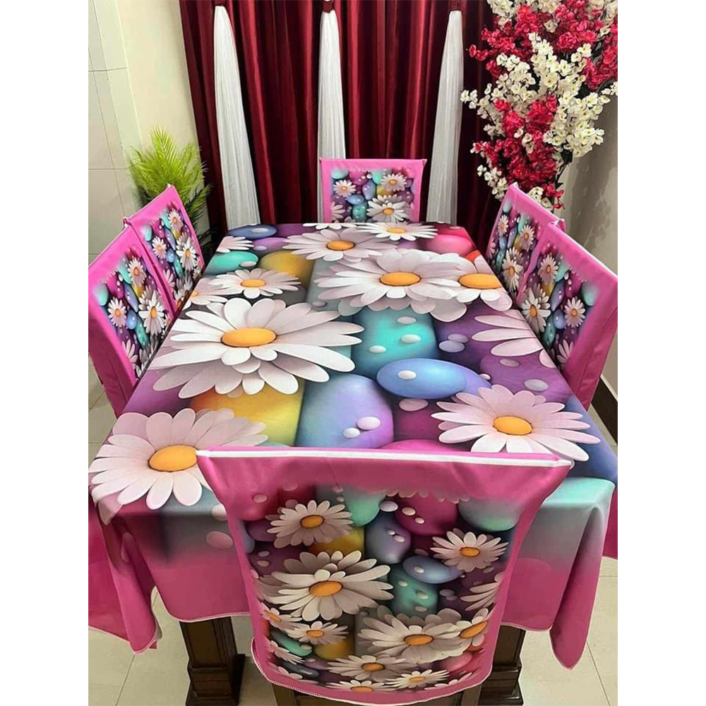 Korean Velvet 3D Print Dining Table Cloth and Chair Cover Set 7 In 1 - HS 00098