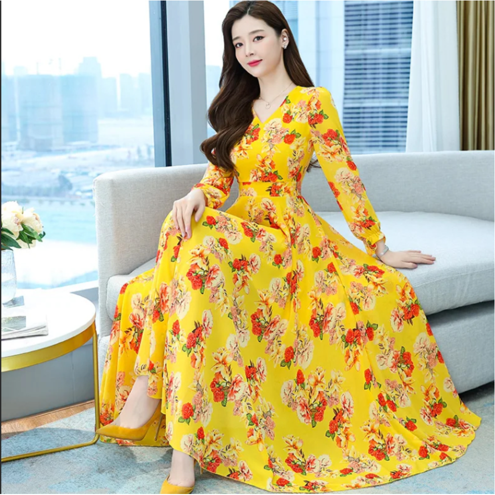 Linen 3D Print Long Sleeve Long Gown for Women - Yellow - 1542
