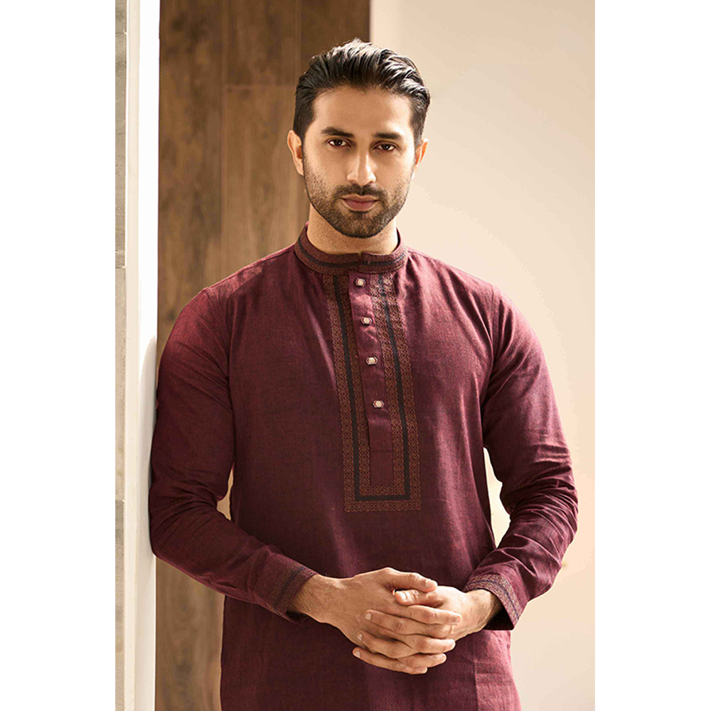 Rig Master Embroidery Cotton Panjabi for Men - Maroon - 1454