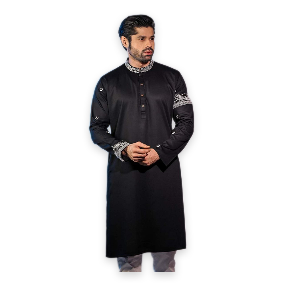 Cotton Embroidered Panjabi For Men - Black - S Size - 2303