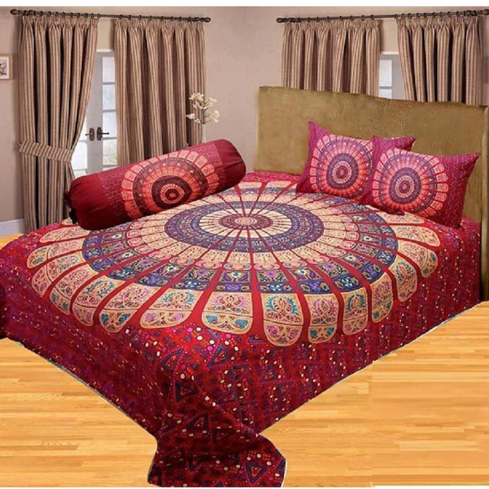 Panel Cotton King Size Bedsheet With Pillow Cover - Multicolor - 192444