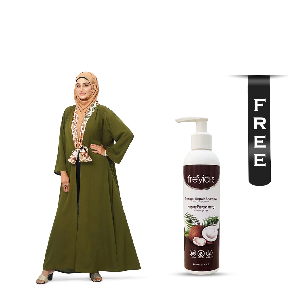 Buy Hiba Crepe Georgette Fabric Shrug for Women - 0823 000225 - Olive Green and Get Freyias Damage Repair Shampoo with Coconut Milk - 220ml Free