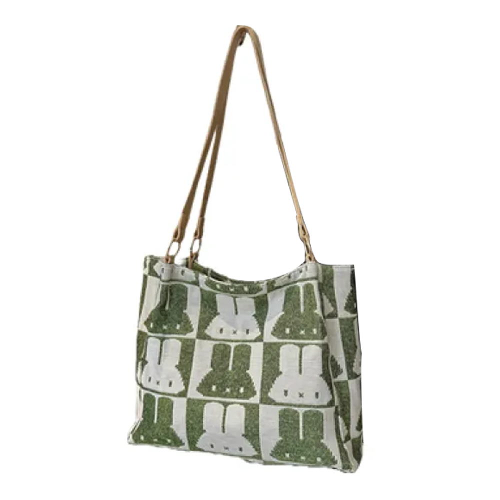 Cotton Handicraft One-Shoulder Tote Bag for Women - Olive and White 