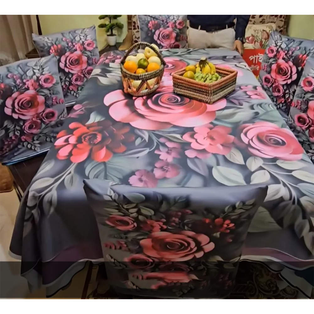 Korean Velvet 3D Print Dining Table Cloth and Chair Cover Set 7 In 1 - HS 00093