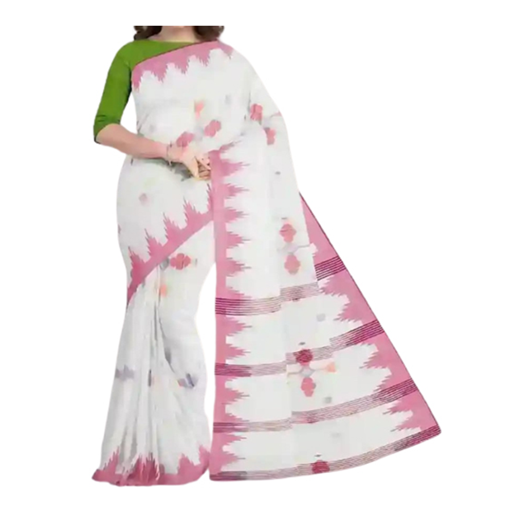 Half Silk Cotton Printed Monipuri Saree For Women - White - SP-H08