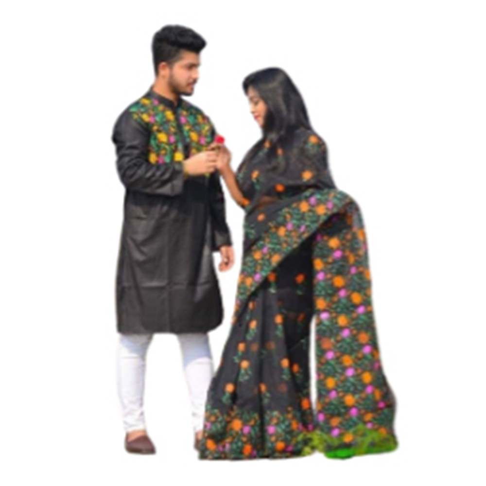 Half Silk Block Print Saree and Silk Cotton Panjabi For Couple - Black - CS-B17