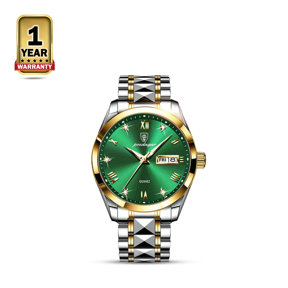 Poedagar PO614 Stainless Steel Analog Wrist Watch For Men - Green, Silver and Golden
