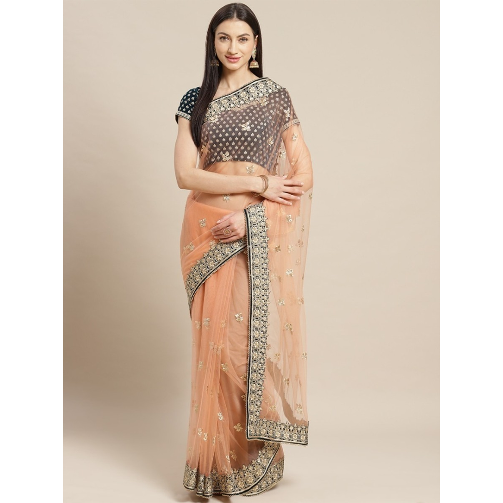 Organga  Stone Work Saree With Velvet Blouse Piece For Women - Peach - MN-1201