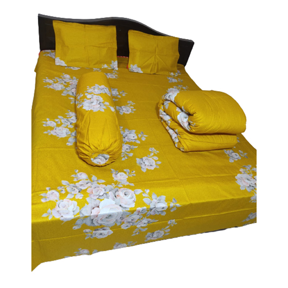 Twill Cotton King Size Five In One Comforter Set - Yellow - CMT-24