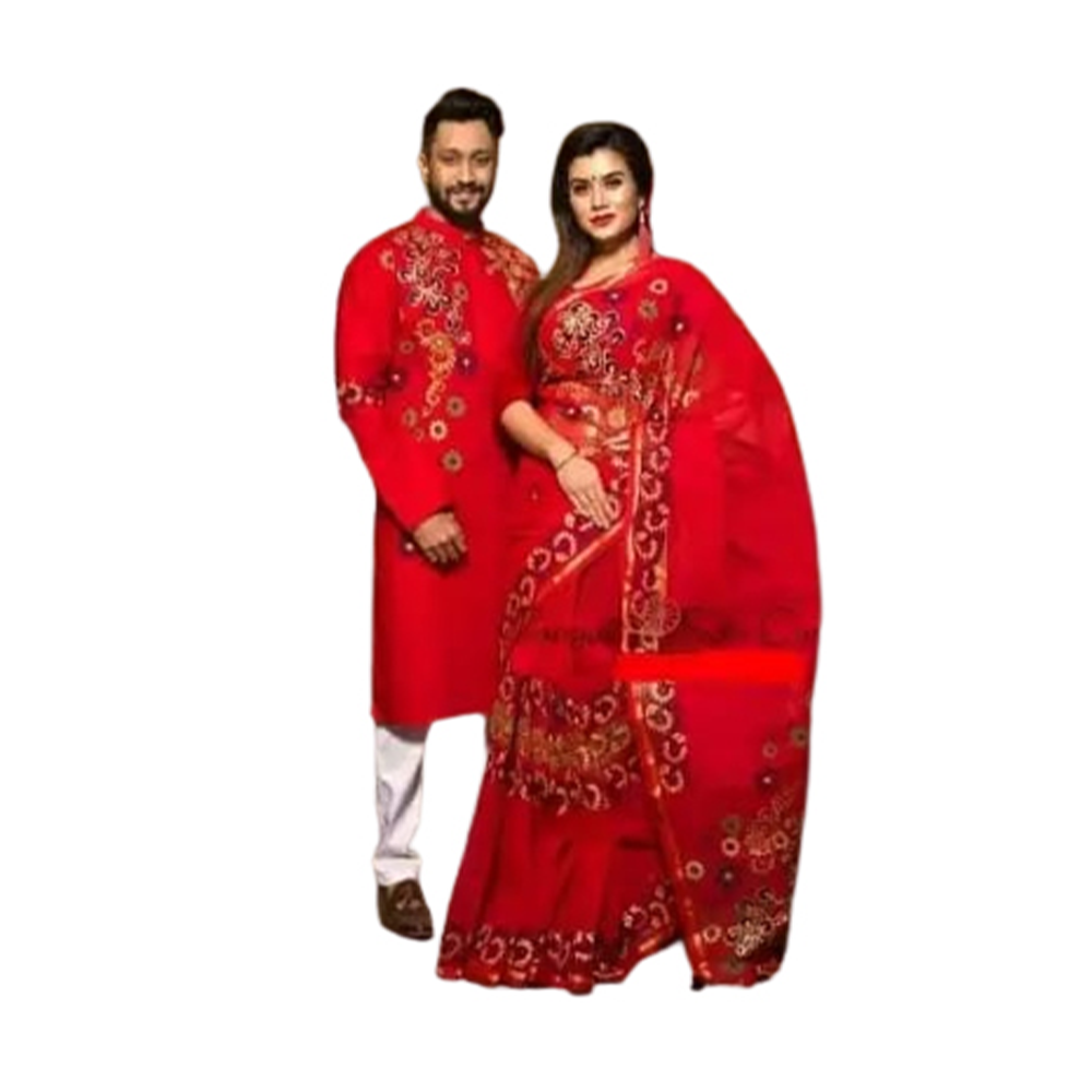 Hand Print Half Silk Saree and Silk Cotton Panjabi for Couple - Red - CS-41