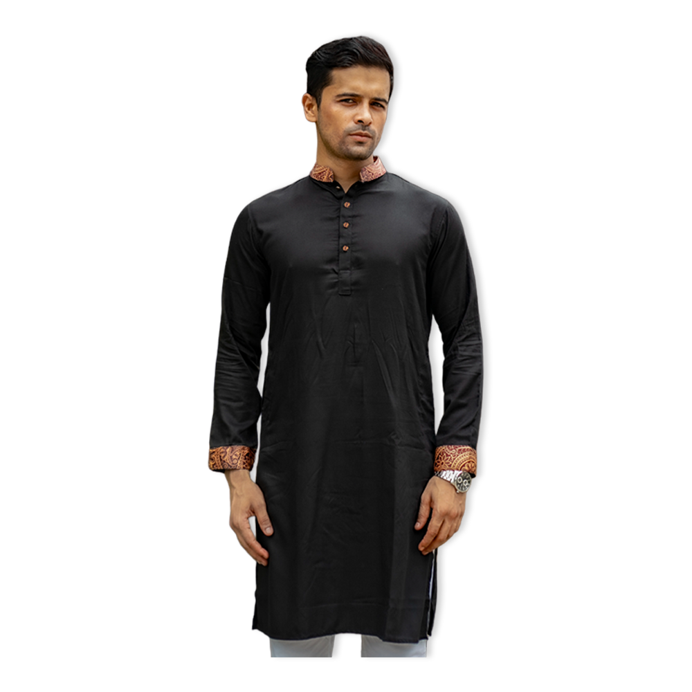 Aman Cotton Printed Panjabi For Men - Black - AP-27