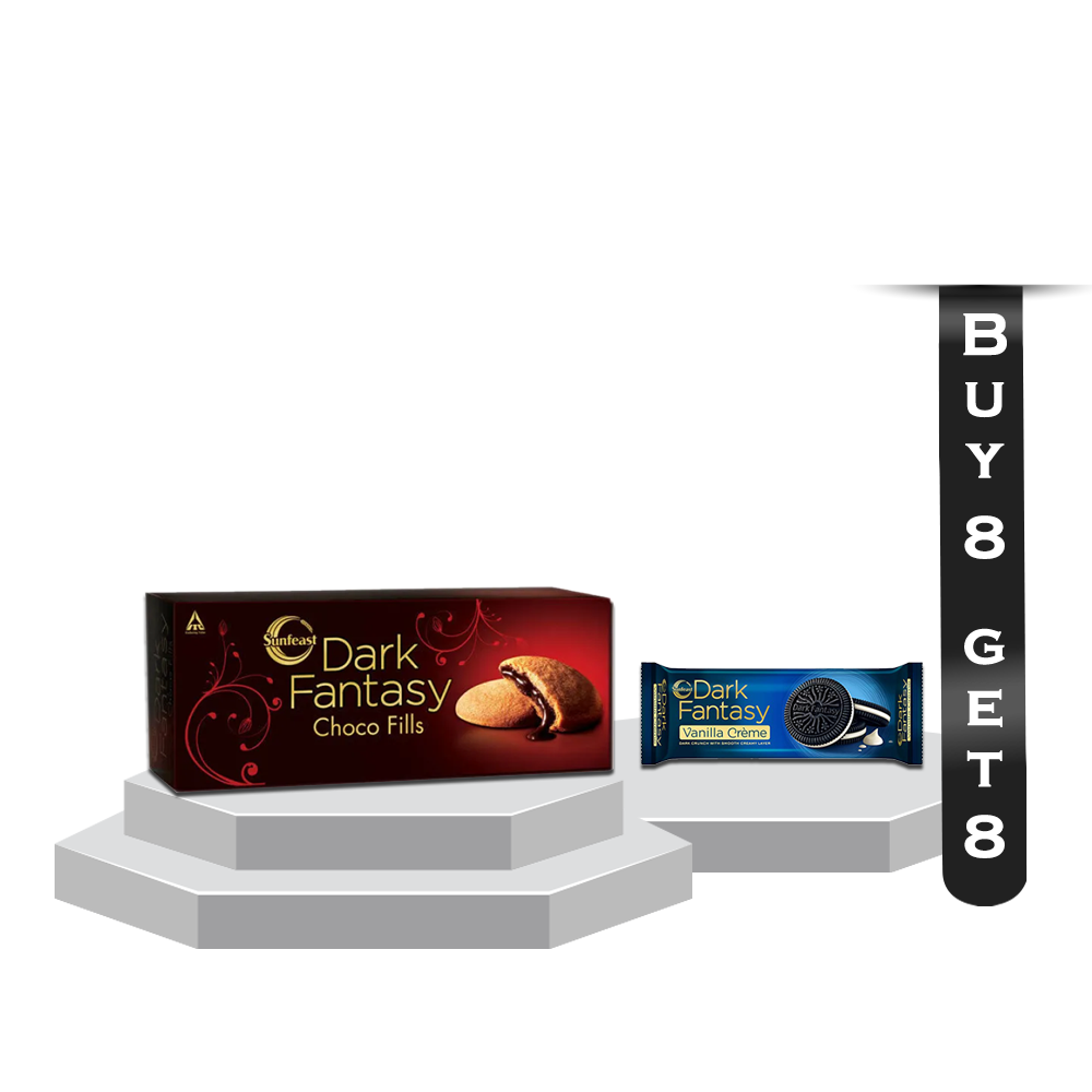 Buy Pack of 8 Pcs Sunfeast Dark Fantasy Choco Fills Biscuit - 75gm Get 8 Sunfeast Dark Fantasy Vanilla Biscuit - 50gm Free 