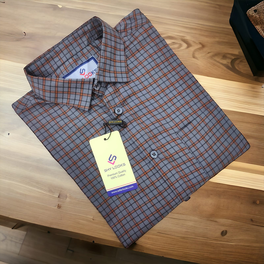 Cotton Full Sleeve Check Shirt for Men - Ash