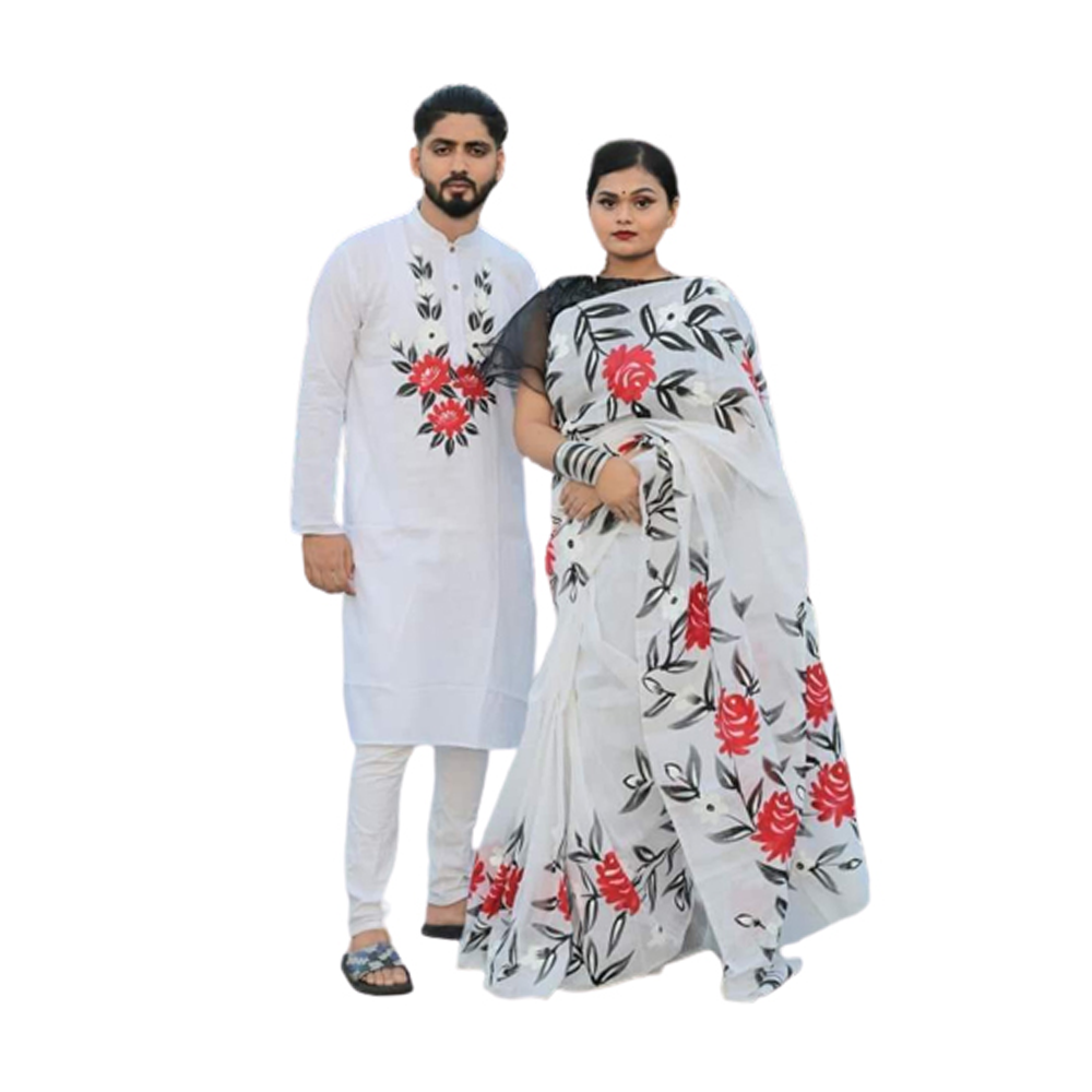 Hand Print Couple Set Saree With Panjabi - White - CS-85