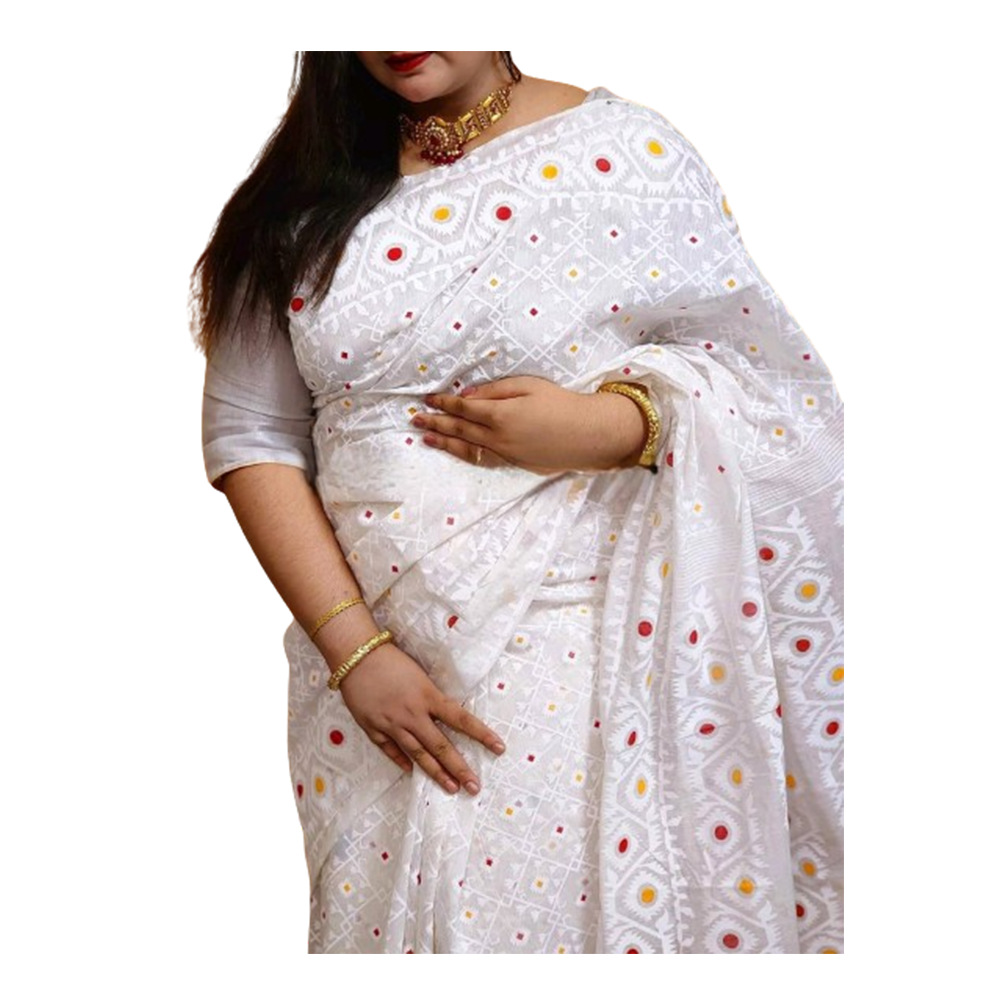 Half Silk Saree For Women - White - 4330