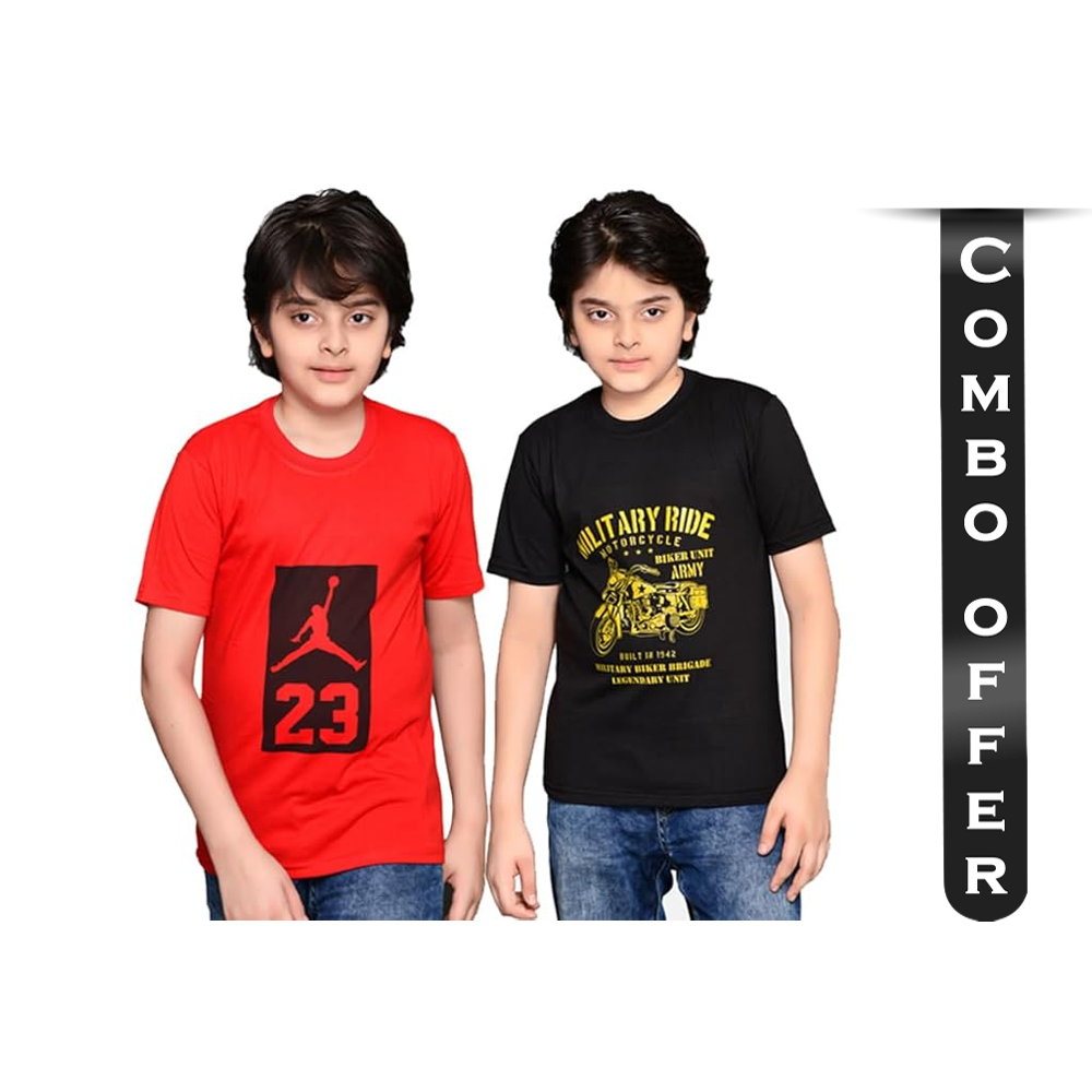 Combo Of 2 Pcs Cotton Printed Half Sleeve T-Shirt for Boys - Black and Red 