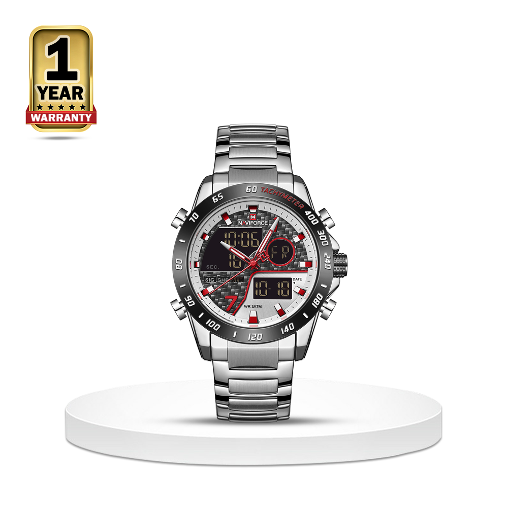 Naviforce NF9171 Stainless Steel Dual Time Wrist Watch For Men Black and Silver