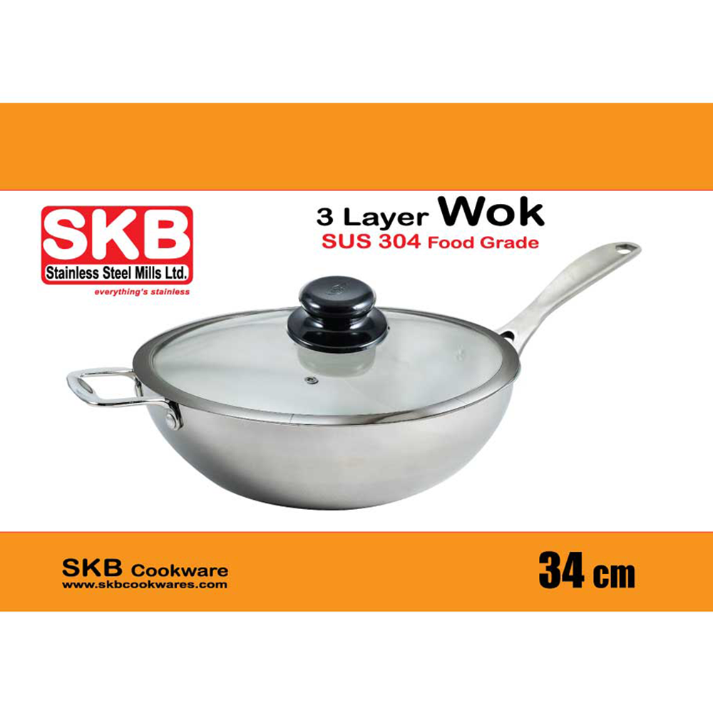 3 Layer Wok With Glass Lid - 34cm - Silver - Wok 3008