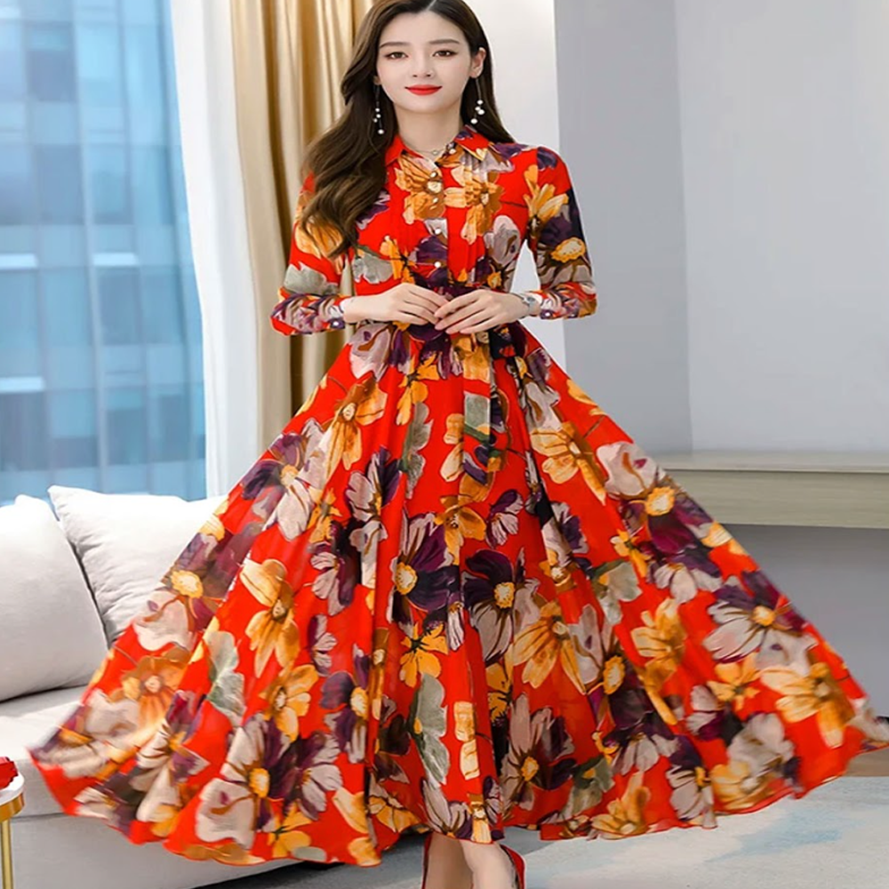 Linen Digital Print Long Sleeve Gown For Women - Red - 1607