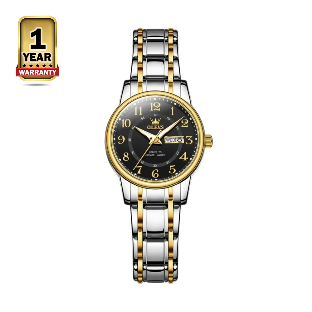 OLEVS 2891 Stainless Steel Luxury Quartz Wrist Watch For Women - Black and Silver Golden