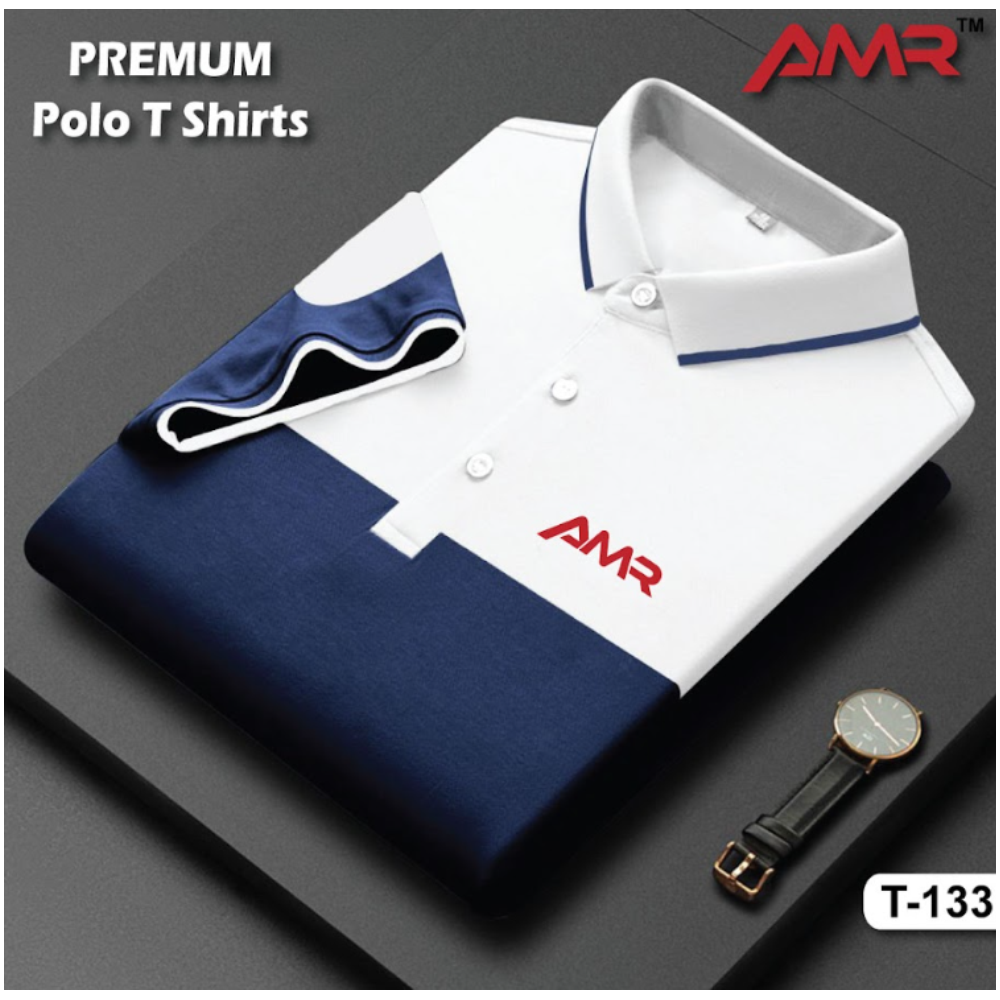 Cotton Half Sleeve Polo Shirt For Men - White and Blue - T-133