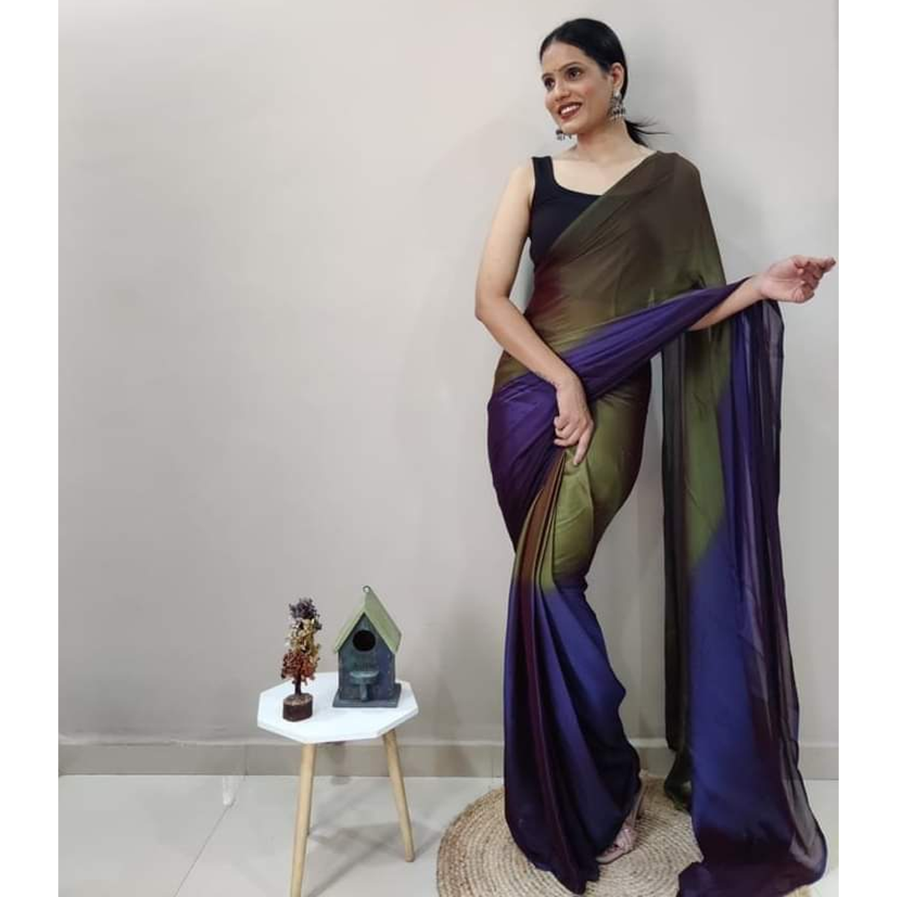 Soft Georgette Color Shade Saree With Blouse Piece For Women - Olive and Navy Blue - Navy-green Shade