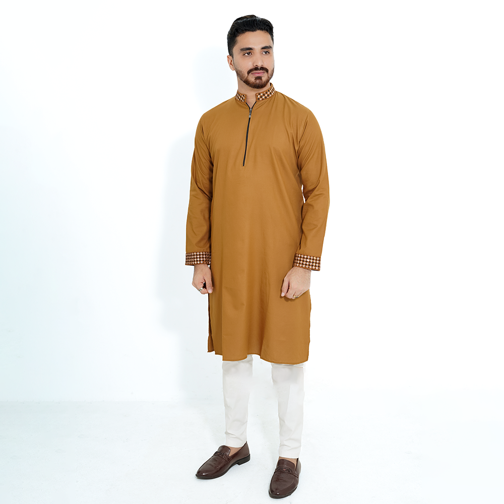 Premium Chain Panjabi For Men - Mustard - 2539