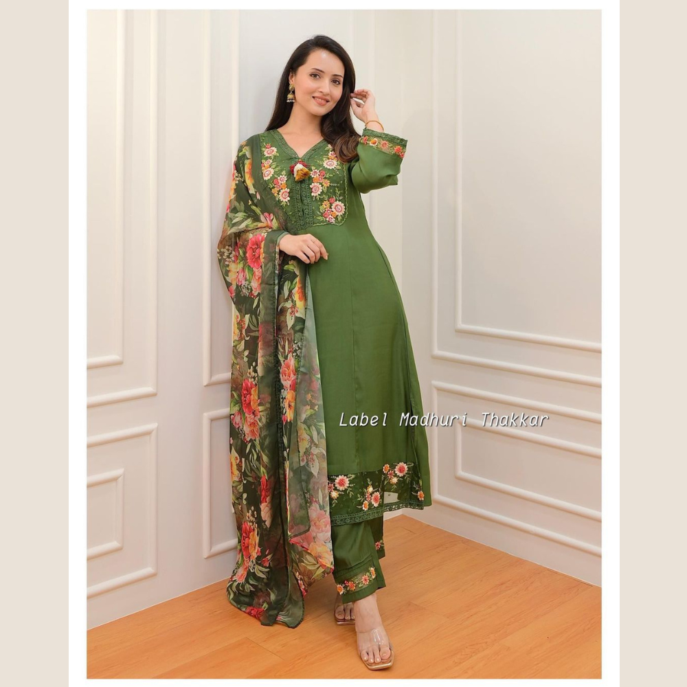 Linen Ready Made Salwar Kameez For Women - Green - Navy Blue