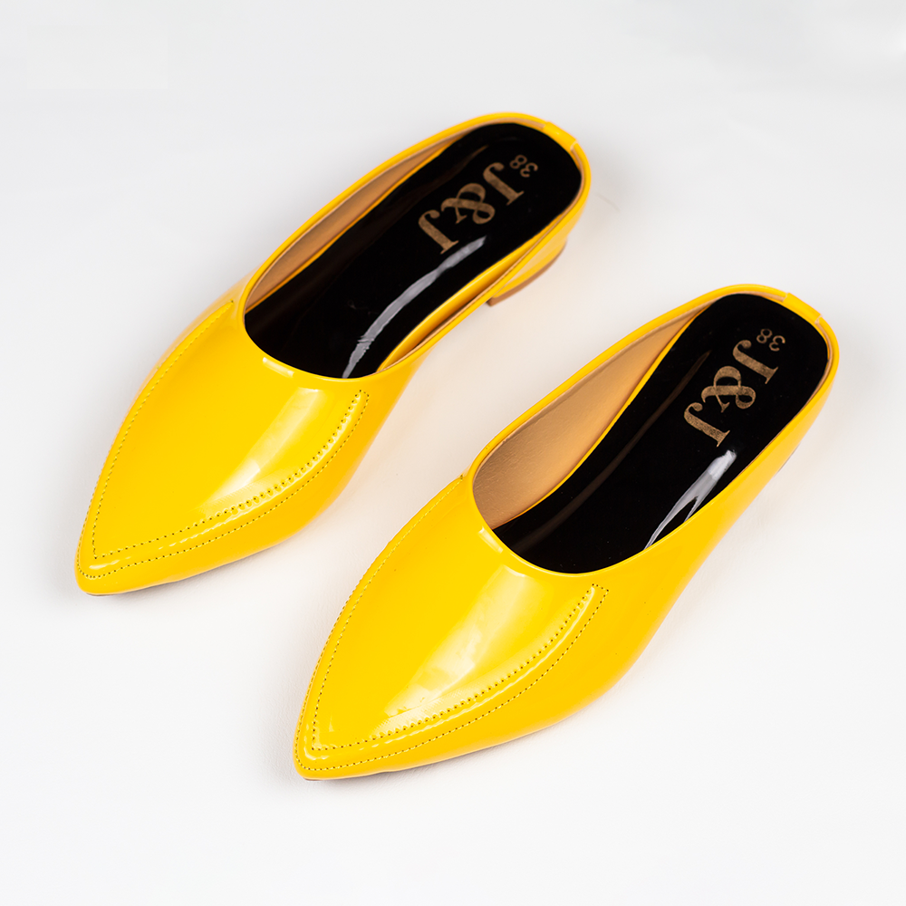 Artificial Leather Point Toe Half Shoes For Women - Yellow - J&J-19