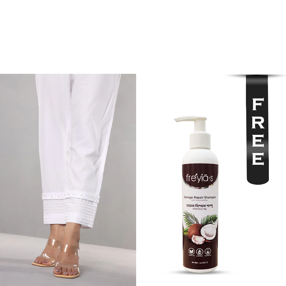 Buy Showstopper Cashmilon Fabric Straight Pleats and Pearls Pant for Women - P06 - White and Get Freyias Damage Repair Shampoo with Coconut Milk - 220ml Free