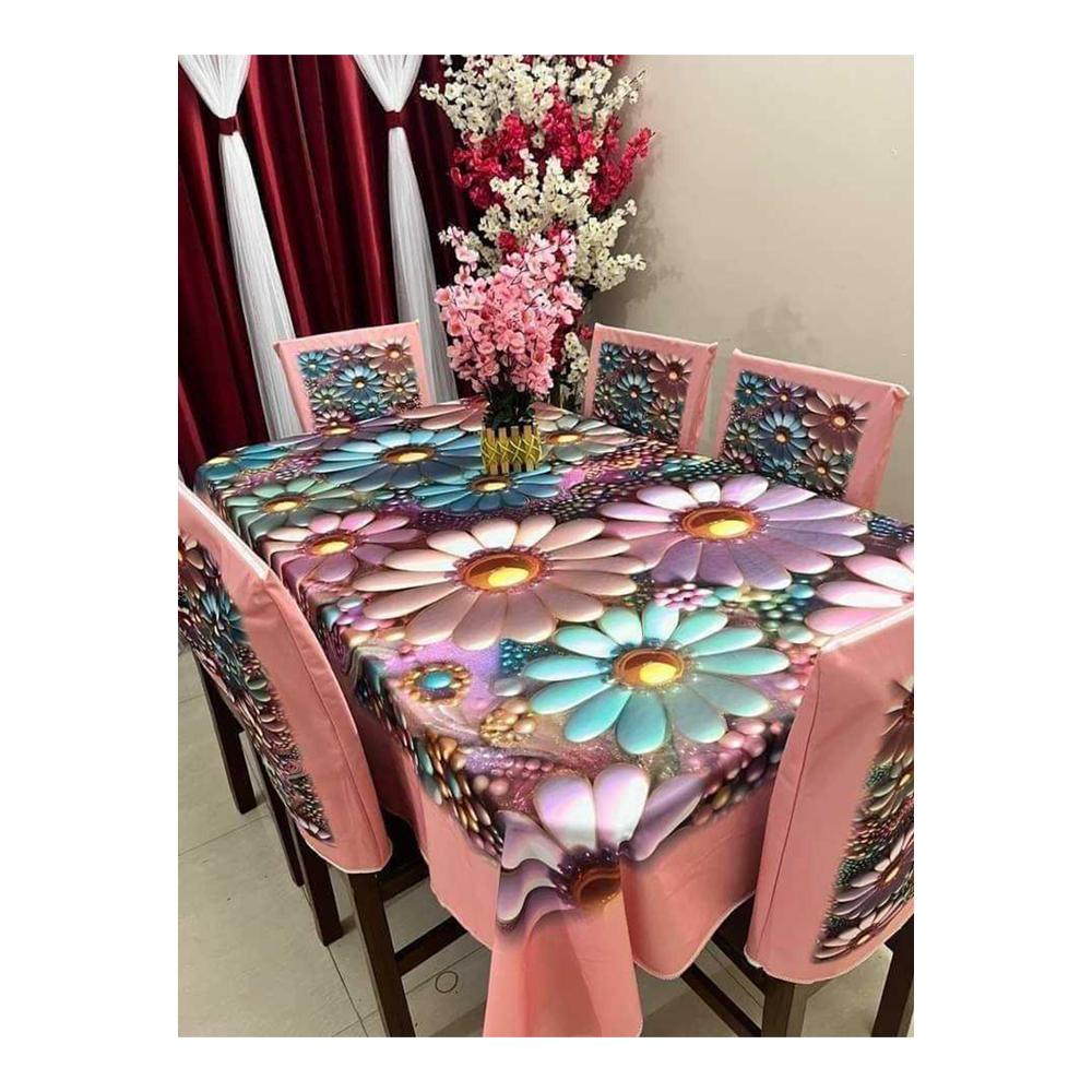 Soft Velvet 3D Print Premium 7 in 1 Dining Table Matt And Chair Cover Set - Multicolor - TC-116