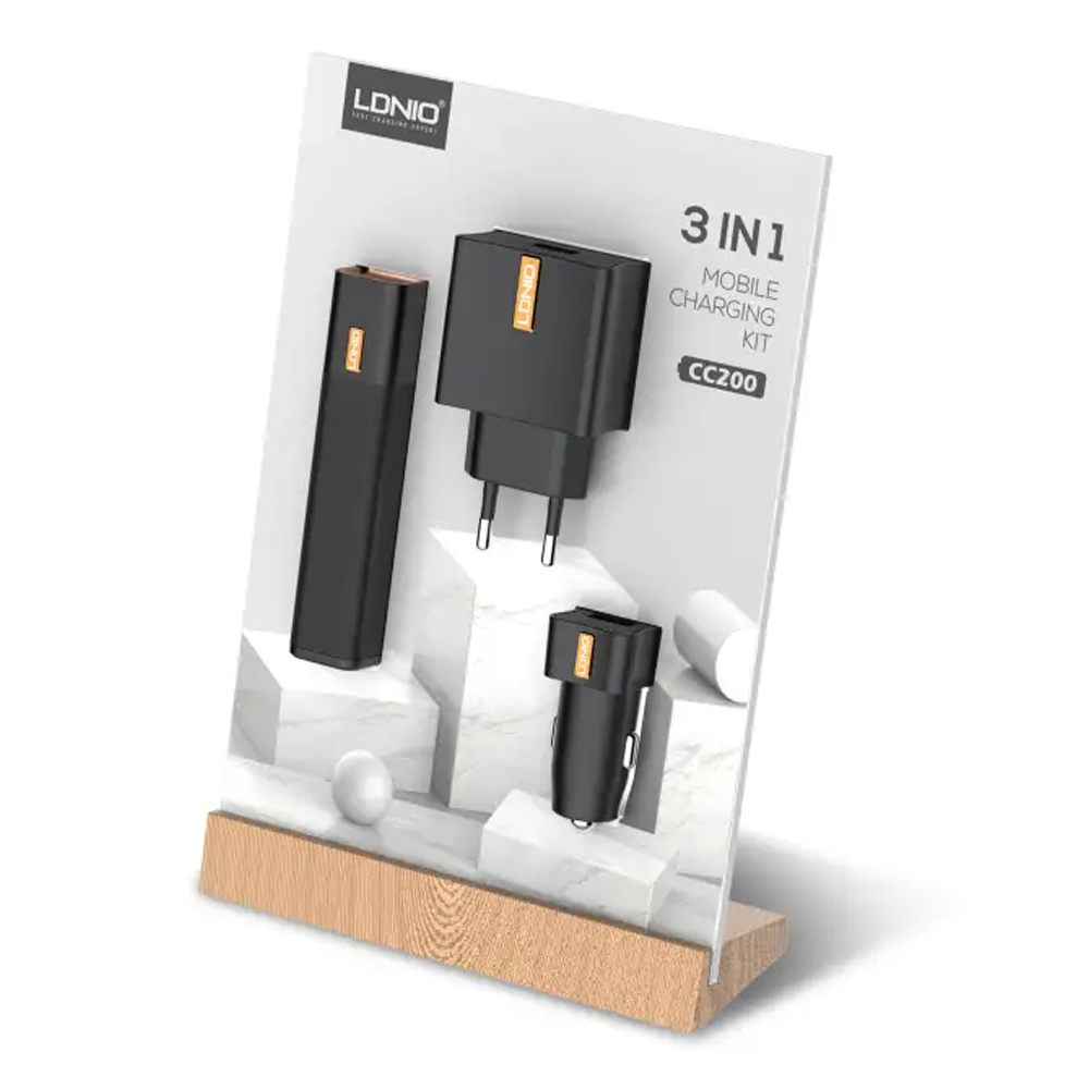  Ldnio CC200 3 in 1 Mobile Charging Kit With 2600mAh Powerbank And Travel Wall Adapter - Black 
