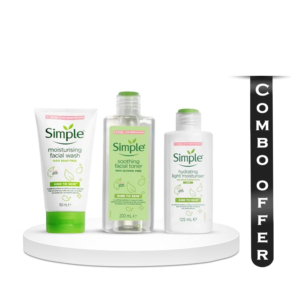 Combo Of Simple Kind To Skin Moisturising Facial Wash, Soothing Facial Toner & Hydrating Light Moisturiser - 150ml + 200ml + 125ml