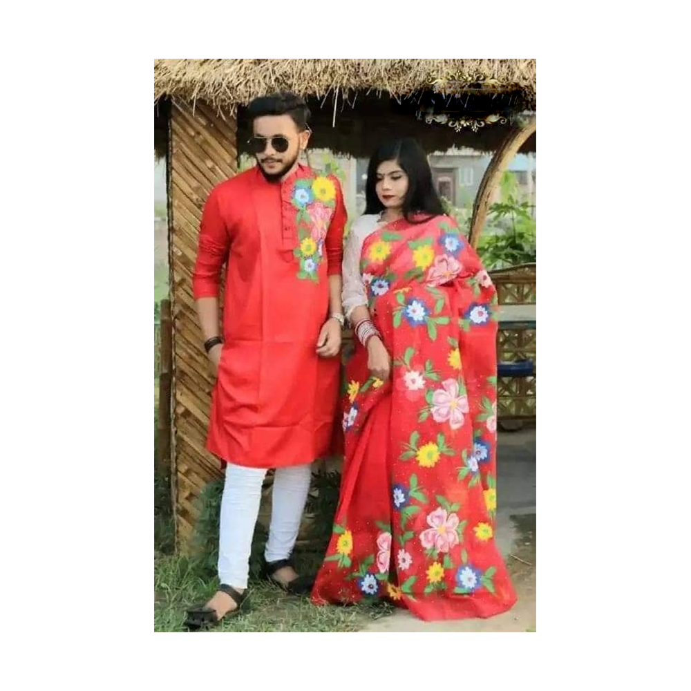 Hand Printed Half Silk Saree and Dhupian Cotton Panjabi For Couple Set - BAN099