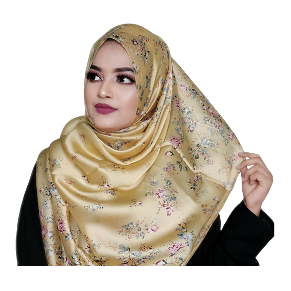 Pure Silk Luxury Floral Soft Long Print Hijab For Women - Yellow