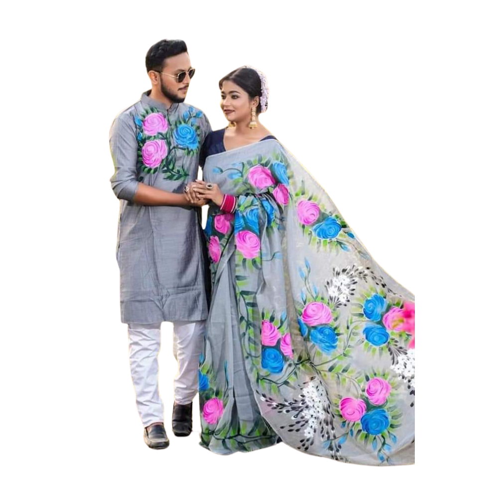 Cotton Silk Saree and Dhupian Cotton Panjabi Couple Dress - Regent Grey - SC73