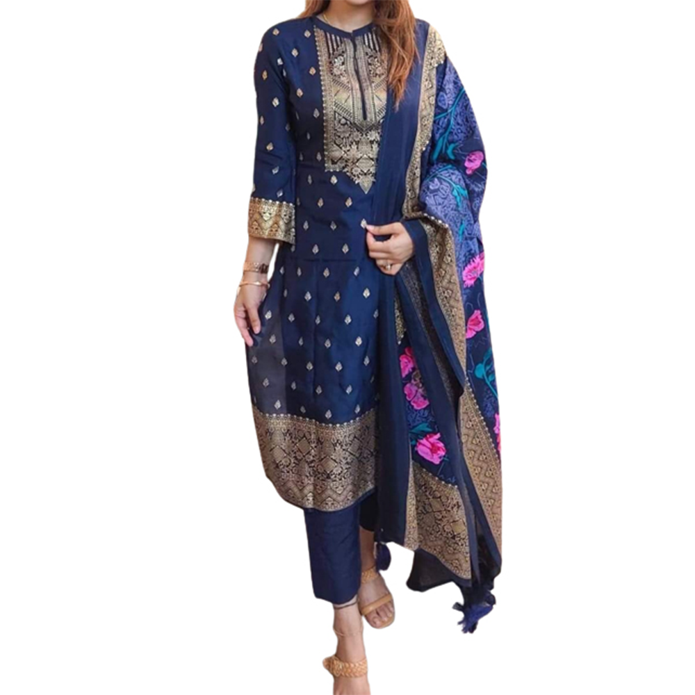 Unstitched Cotton Skin Print Salwar Kameez For Women - Navy Blue - 3C-86