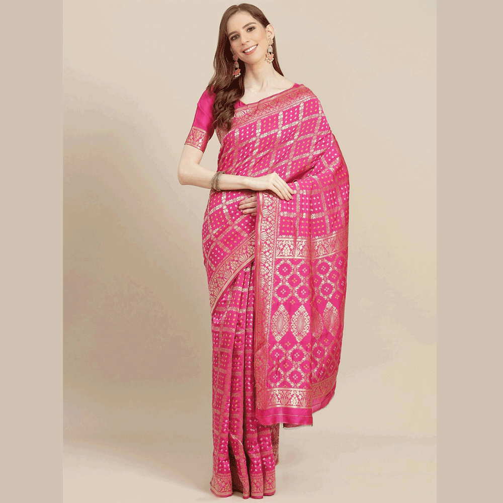 Silk Printed Saree With Blouse Piece For Women - Pink