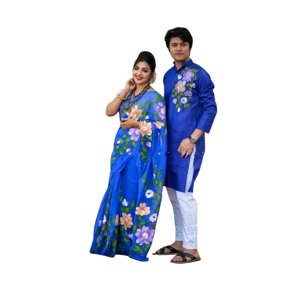 Cotton Silk Saree and Dhupian Cotton Panjabi Couple Dress - Blue - SC46