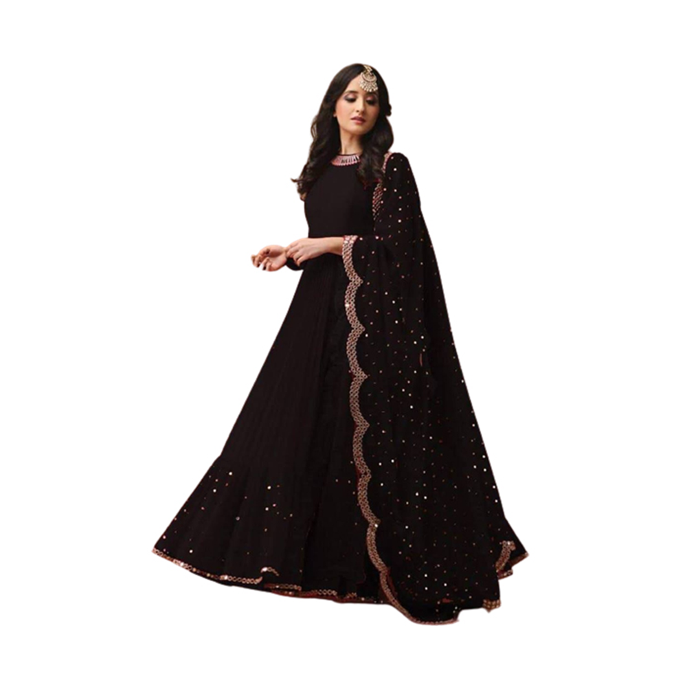 Georgette Unstitched Embroidery Long Gown 4 Pcs For Women - Black - G-L04