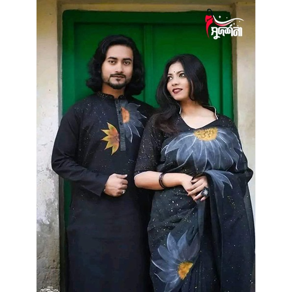 Dhupian Block Print Silk Saree and Dhupian Silk Panjabi for Couple - Multicolor - 0024