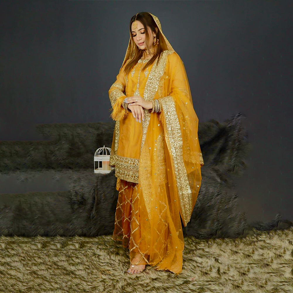 Unstitched Net Embroidered Salwar Suits  For Women - Yellow - DN 2026