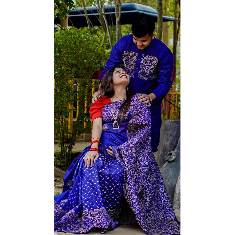 dupion-silk-panjabi-with-saree-couple-set-dark-blue-cb021