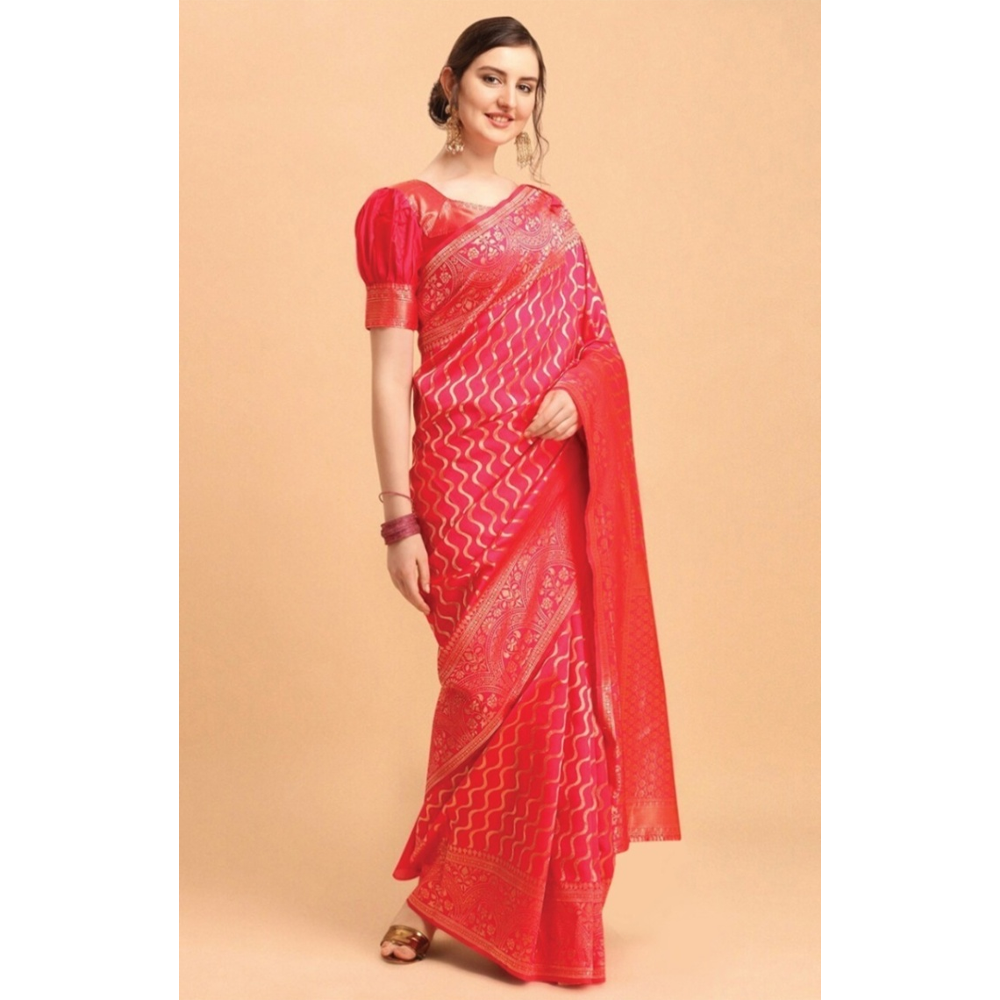 Silk Printed Gorgeous Saree With Blouse Piece For Women - Salmon - MN-759