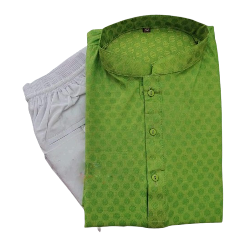 Silk Semi Long Panjabi and Cotton Payjama Set For Men - Lime Green and White