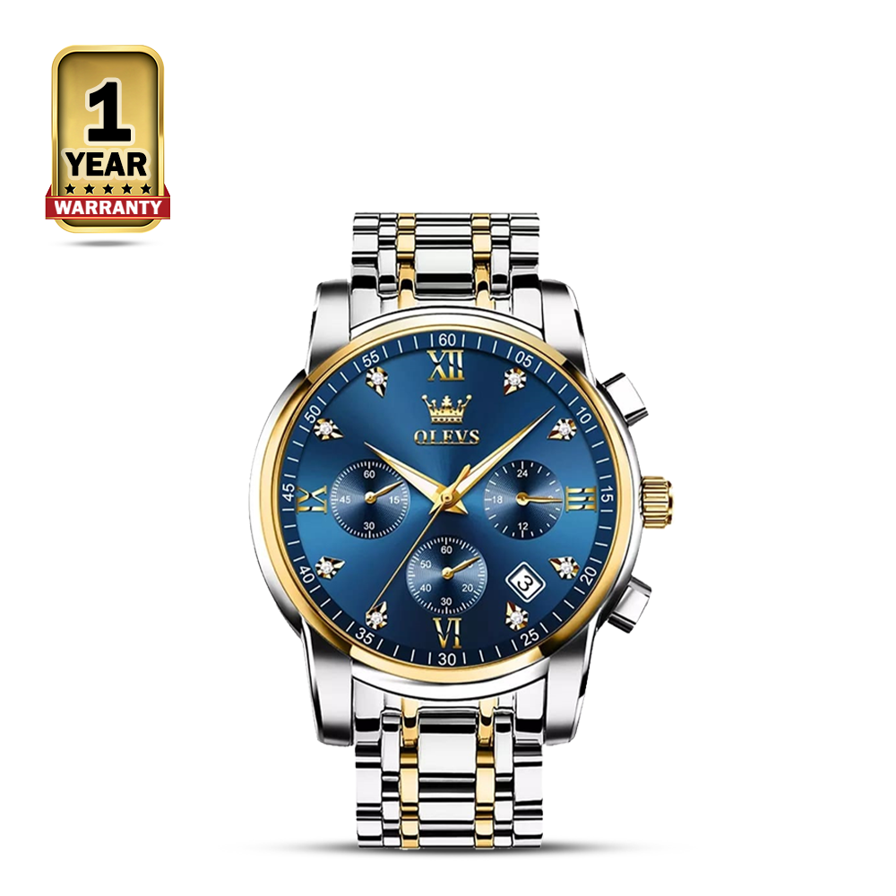 Olevs 2858 Stainless Steel Chronograph Wrist Watch For Men - Royal Blue and Golden