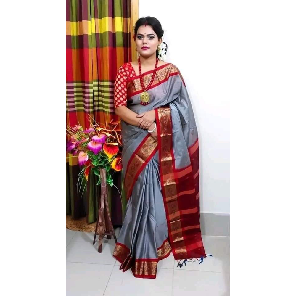 Mashlais Buti Cotton Saree with Blouse Piece For Women - Gray - SP-M11