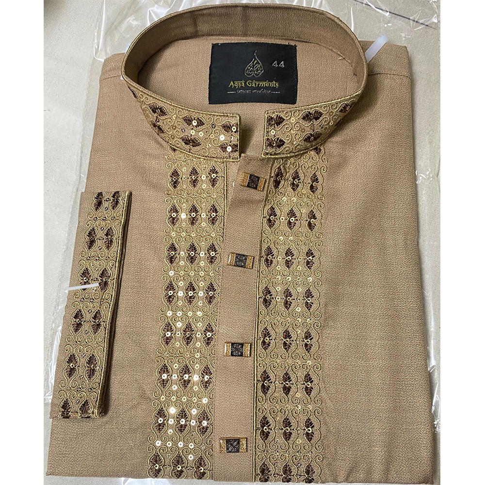 Cotton Embroidered Panjabi For Men - Golden - 02